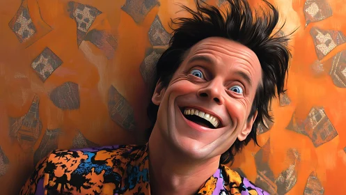 Laughing portrait rockets joy across a neon-orange blur