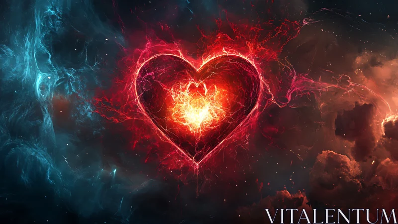 Glowing Heart Engulfed in Cosmic Fire and Electrical Energy