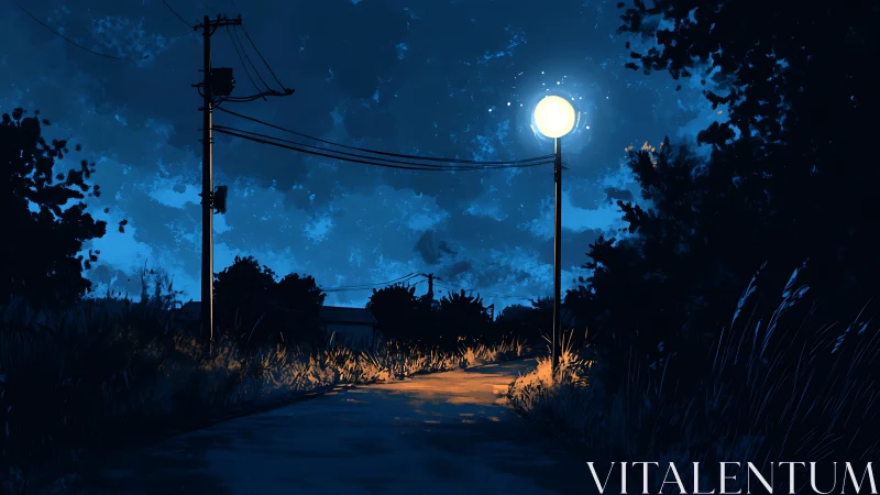 Lonely roadside lamppost bathes a quiet night path in gold.