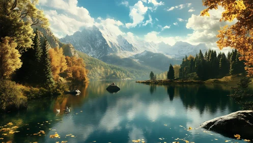 High-altitude alpine lake with autumn forest and snowy peaks