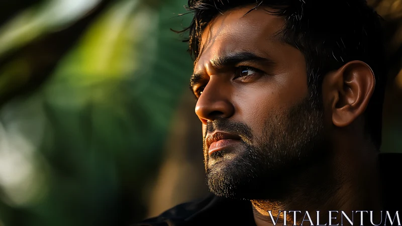 Thoughtful man in golden light, lost in quiet reflection.