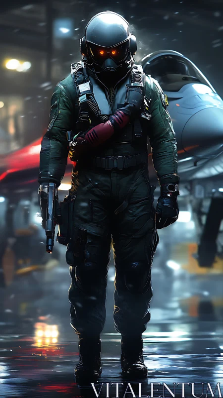 Armored pilot with sidearm in wet night airbase hangar.
