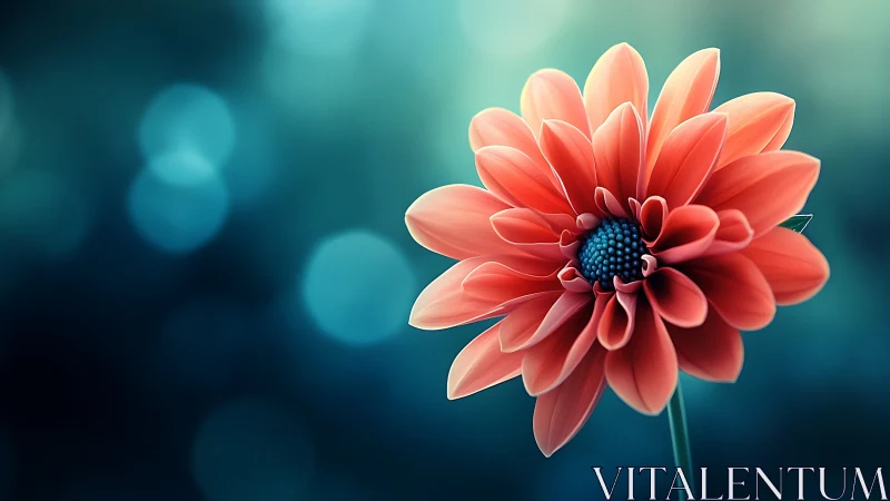 Coral Dahlia with Blue Teal Bokeh Background Composition.