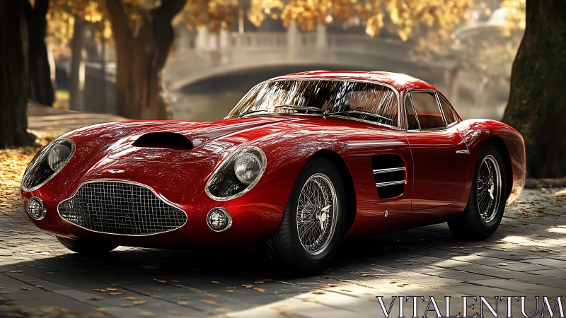 Classic red sports coupe parked under autumn trees.