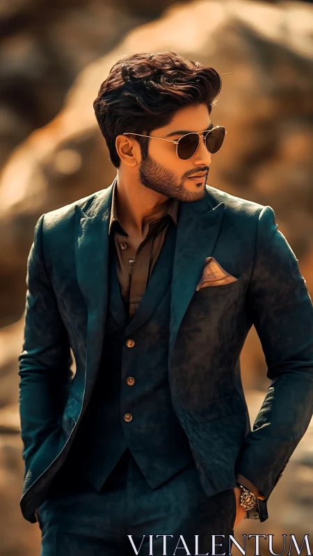 Chromatic teal suit portrait with precision-lit facial profile.