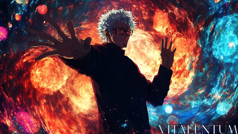 Elder sorcerer commands swirling cosmic fire and ice orbs