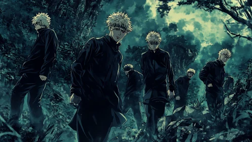 Shadows of the same hero wandering a haunted forest night.