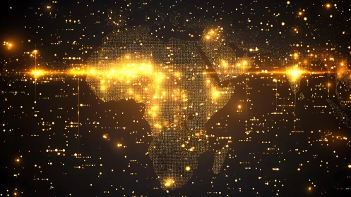 Glowing digital map of Africa shining with golden lights.