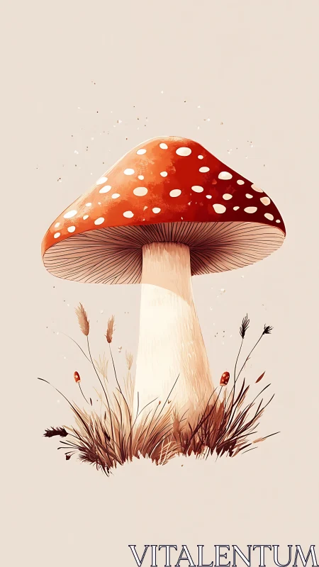 Stylized fly agaric mushroom over minimal beige field.