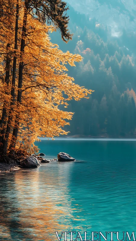 Golden shoreline trees whisper into a turquoise mountain lake