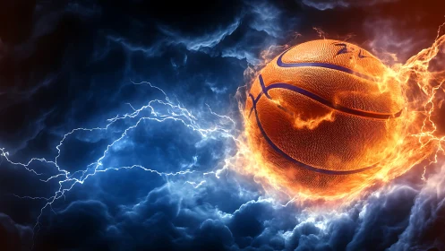 Fiery basketball streaks through storm of electric clouds.