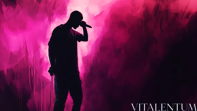 Silhouette vocalist commands neon magenta digital stage.