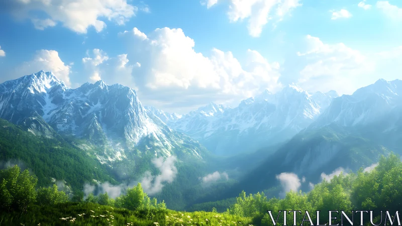 Sunlit alpine range over emerald forest valleys panorama.