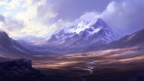 Sunlit rivers wander toward brooding violet mountain crowns