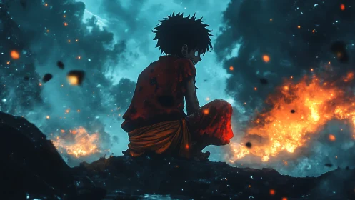 Stormlit ember hero resting between ruin and rebirth.