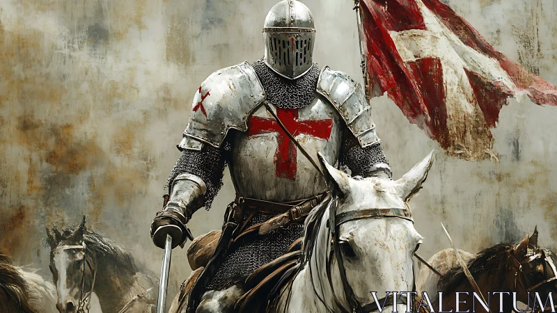 Armored crusader on horseback advances beneath tattered banner.