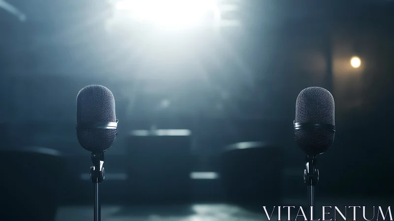 Studio microphones under dramatic backlight in empty stage