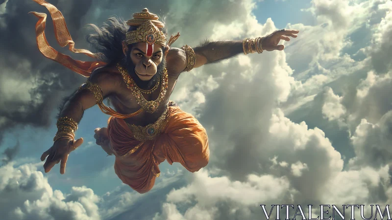 Skyborne monkey warrior in gilded storm of devotion.
