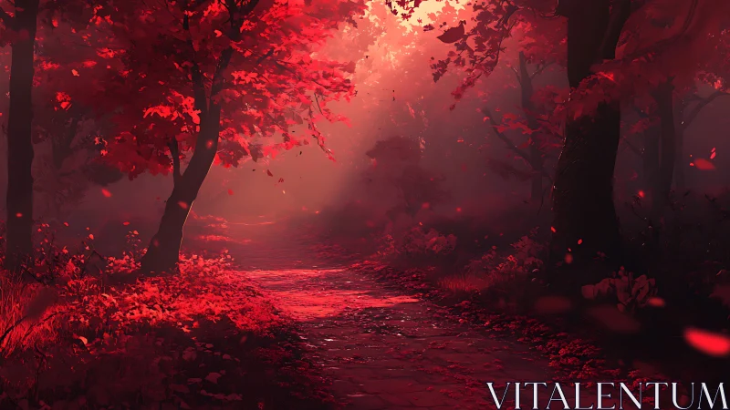 Crimson Forest Passage: Where Shadows Dance in Flame.