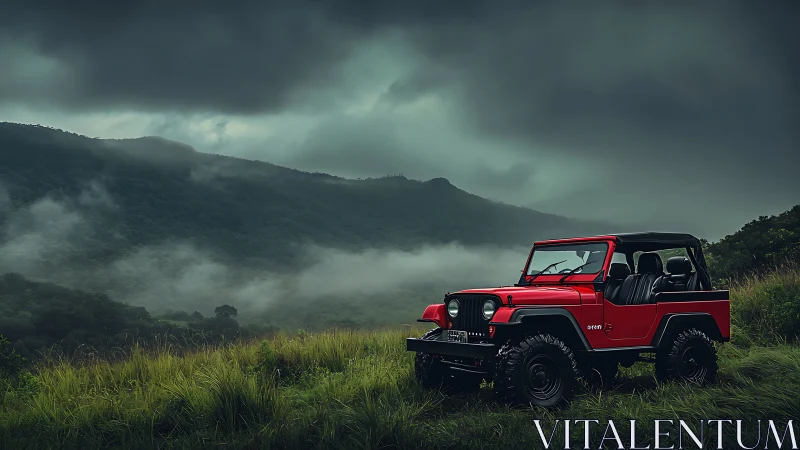 Red offroad jeep cuts through misty mountain valley storm