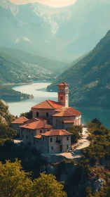Hilltop stone monastery overlooks winding river valley