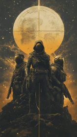 Three armored space guardians stand before glowing planet.