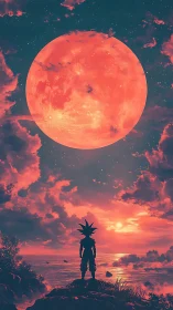 Stargazing warrior greets a glowing red moon at sunset