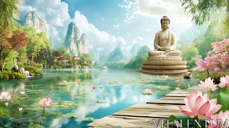 Peaceful lakeside Buddha among misty mountains and lotus blooms.
