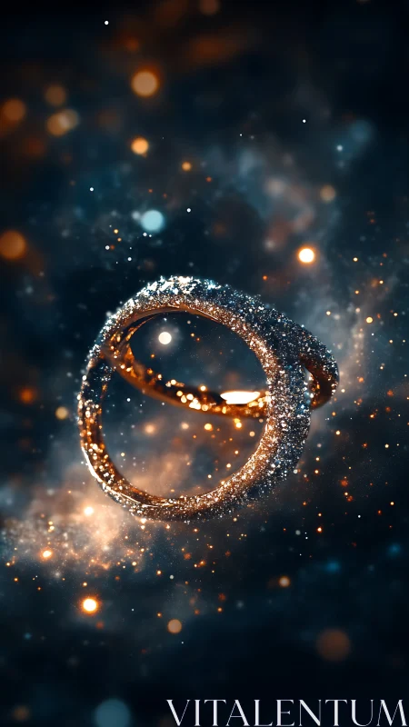 Celestial gold rings suspended in glittering cosmic dust.