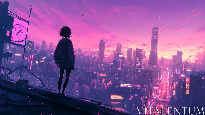 Solitary rooftop watcher above neon violet megacity dusk.