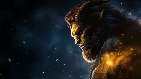Horned beast in glowing armor amid dark fiery embers.