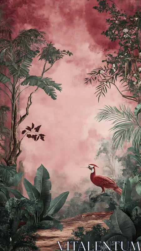 Crimson tropical bird on branch amid stylized pink jungle