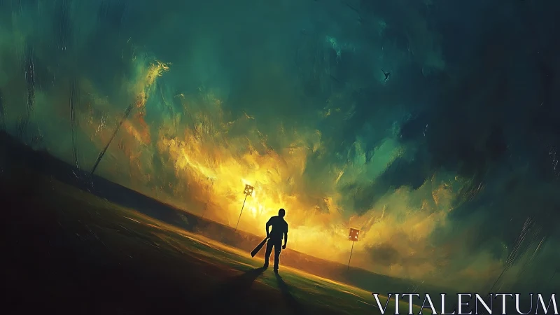 Silhouetted figure on field before illuminated storm sky.