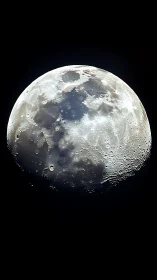 Moon close-up reveals rugged craters and glowing maria.