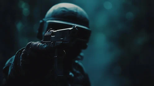 Shadow-slick soldier aims steel thunder in misty teal gloom.