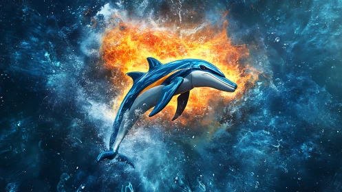 Digital painting of dynamic dolphin against fiery ocean core.
