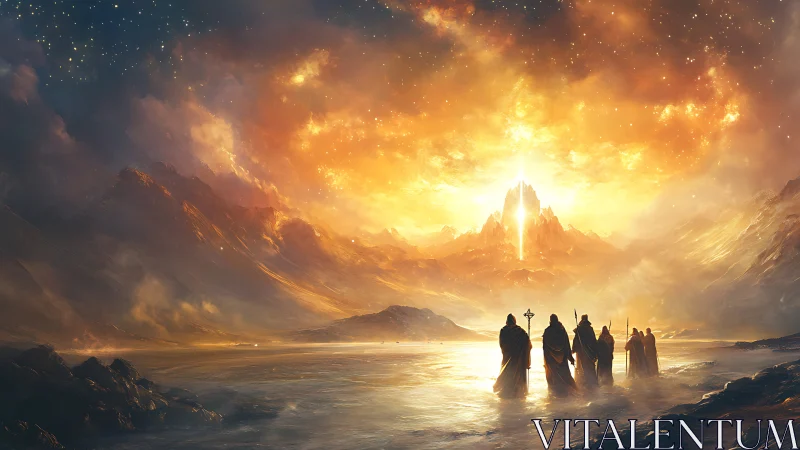 Pilgrims walk toward a radiant celestial mountain gateway.
