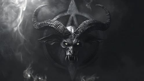 Demonic goat skull with curved horns emerges from pentagram