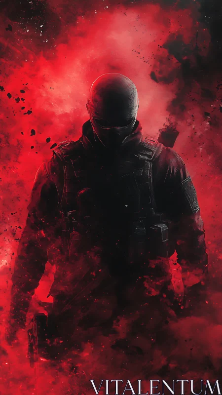 Silhouetted tactical soldier emerging through red smoke storm.