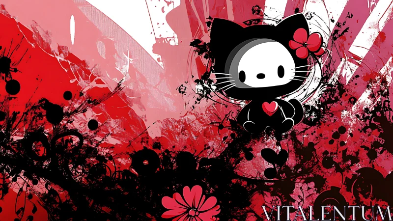 Kawaii black cat mascot amid red grunge splatter field