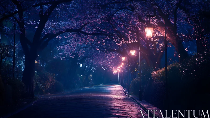 Night path under cherry blossoms with glowing street lamps.