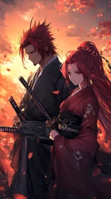 Samurai pair in ember-lit kimonos with twin katana detail.