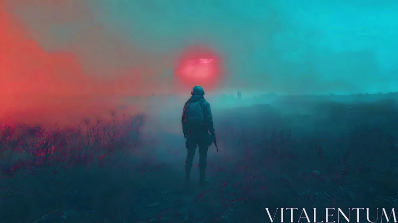 Digital painting of lone soldier in neon-tinted wasteland field.