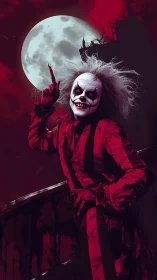 Sinister clown in red under full moon on dark balcony.