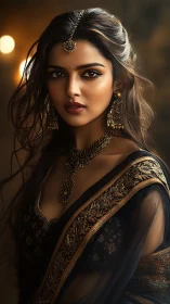Embers of royalty in a jeweled saree and molten shadows.