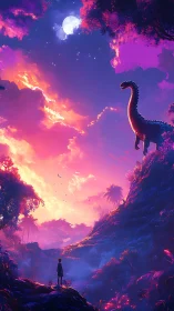 Neon twilight valley with dinosaur silhouette in fantasy palette.