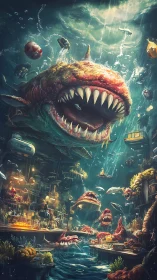 Gigantic mutated shark invades flooded cavern city with dynamic caustics