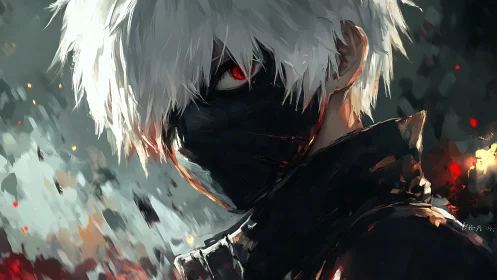 Masked white-haired figure in profile amid abstract sparks