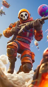 Skull-faced sky trooper storms cartoonish battle royale.