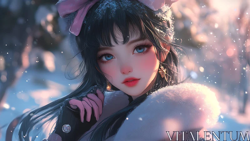 Snowy winter girl gazes softly through falling light flakes.